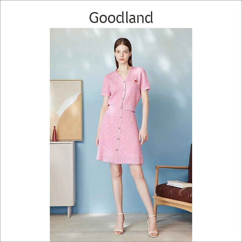 Goodland美地女装夏季时尚樱花粉闪丝亚麻混纺高腰A字裙半身裙