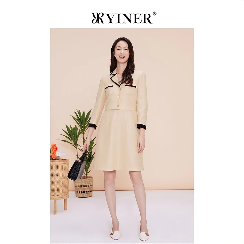 【千金风】YINER音儿专选女装春季法式优雅撞色西装领连衣裙