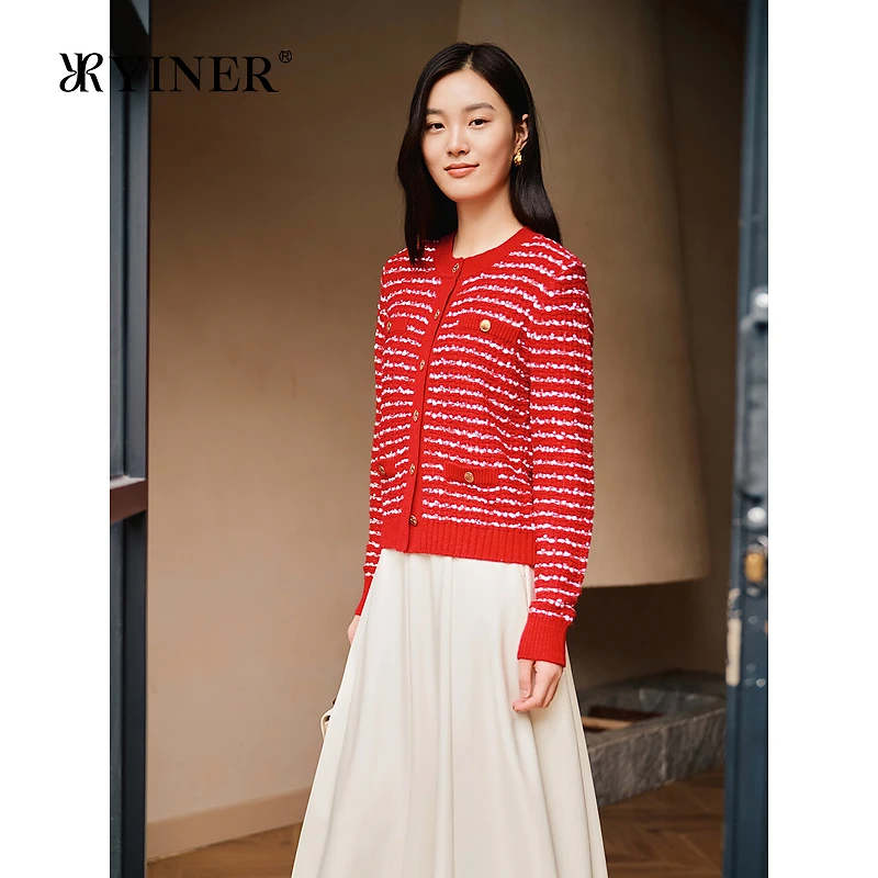 【新年红】YINER音儿专选2025春季新款时尚亮丝间色针织开衫