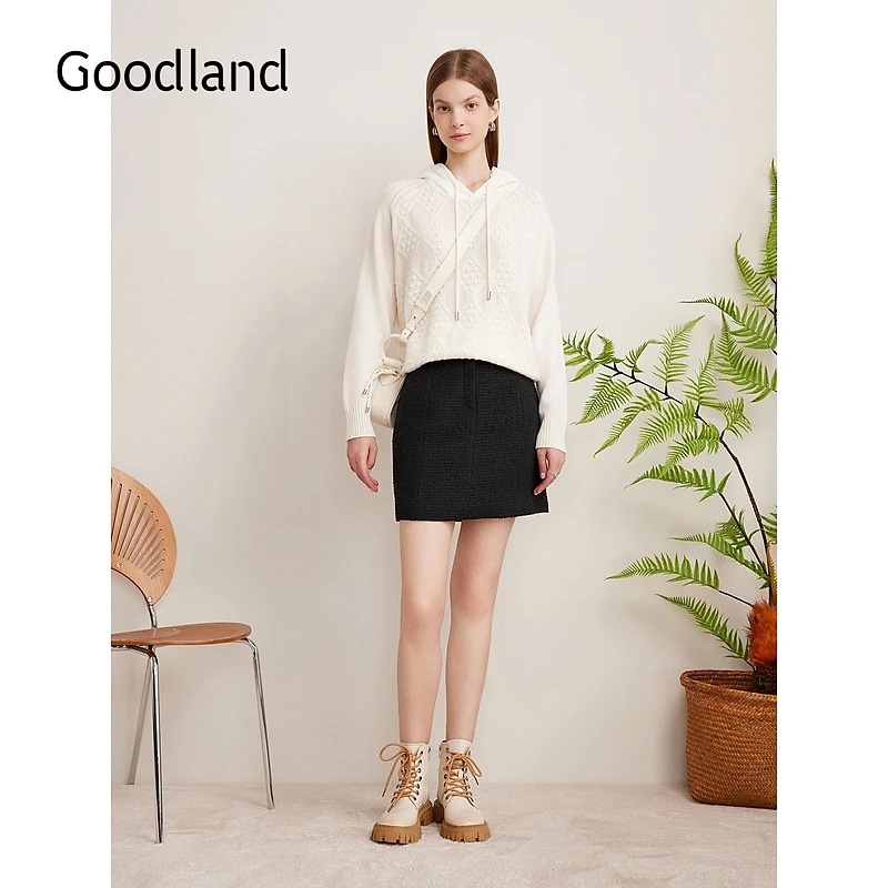 Goodland美地2024秋季雅丹风新款羊毛混纺连帽套头提花毛针织衫