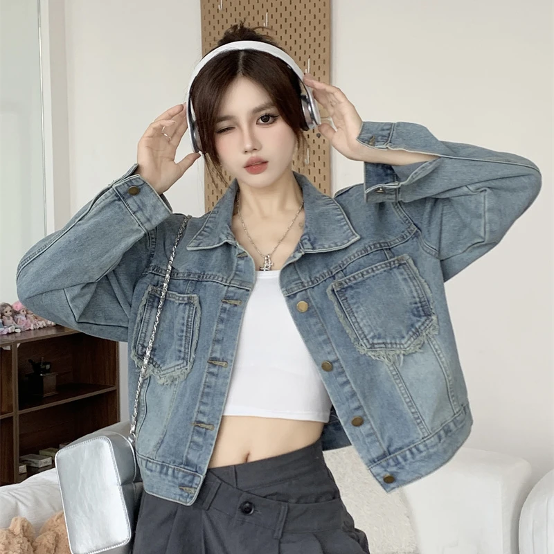 2025毛边宽松牛仔短外套女百搭牛仔衣港风外套上衣9967