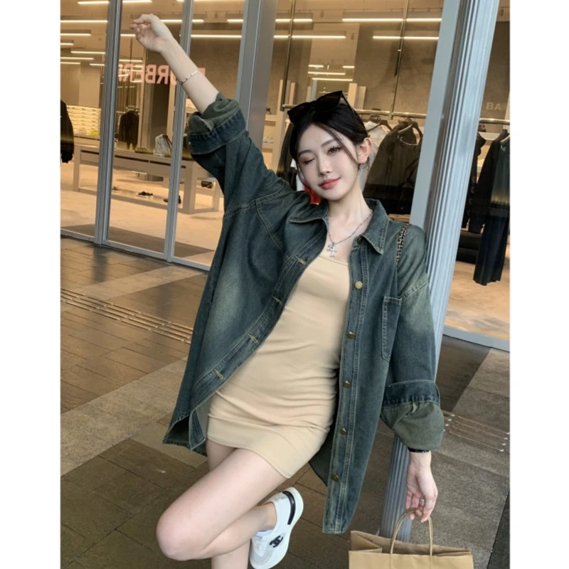 牛仔衬衫女春秋新款韩版宽松中长款慵懒风休闲外套港味复古9990