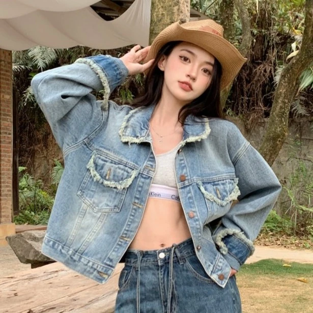 韩国小香风磨破做旧复古牛仔外套女宽松显瘦oversize休闲上衣9951