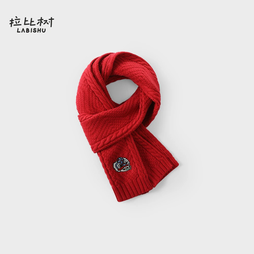 2024秋冬新款儿童针织醒狮保暖围巾男童新年加厚百搭秋冬季红色