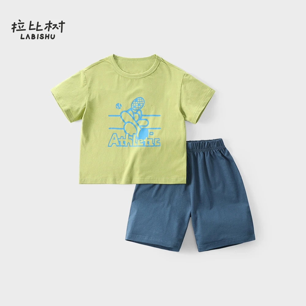 拉比树童装男童休闲家居服套装2024夏季新款女宝宝宽松针织两件套