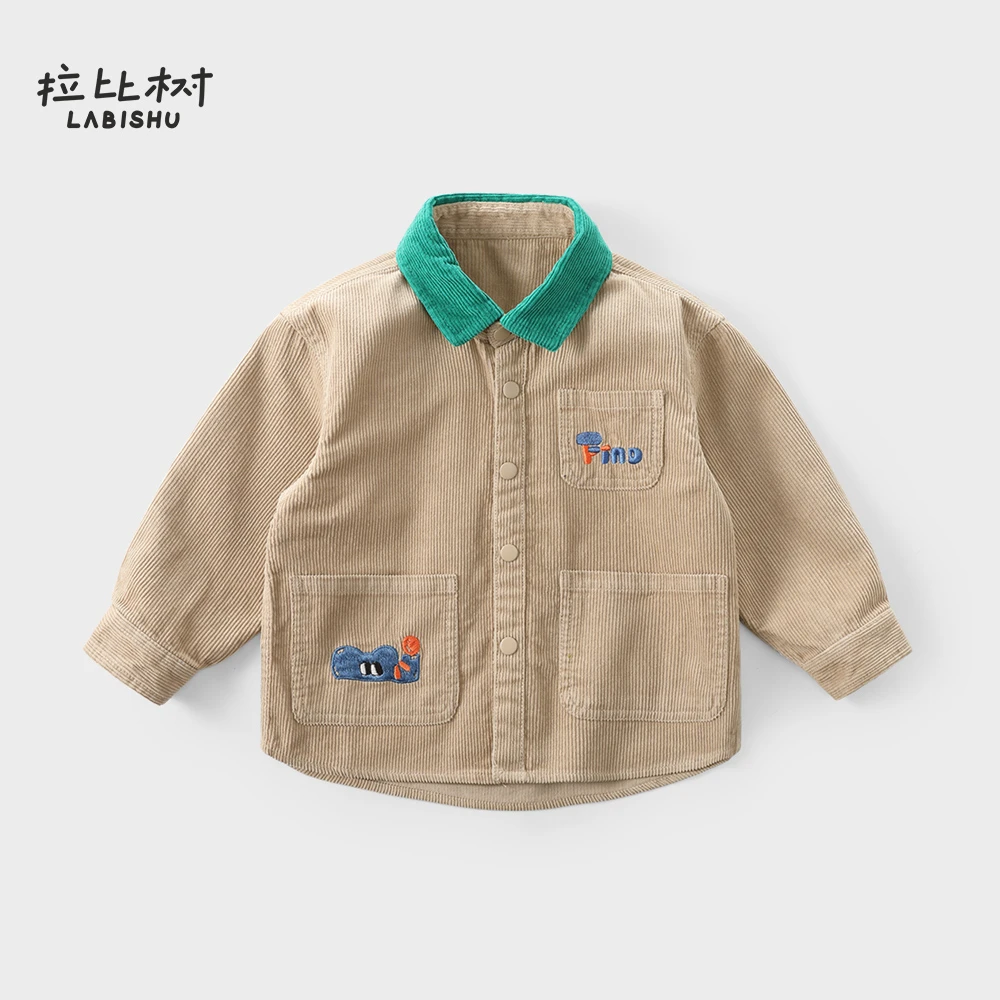 拉比树2024秋冬新款衬衣纯棉儿童时尚polo领外套男童冬款灯芯绒
