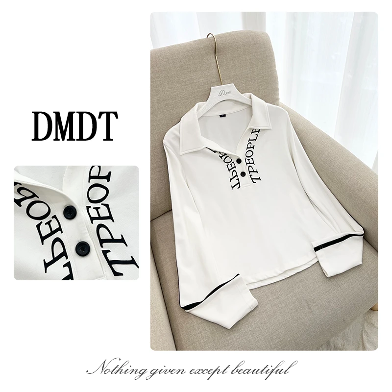 【DMDT潮牌】2024秋季新品 “无界限”翻领字母印花显瘦女T恤243Y4245