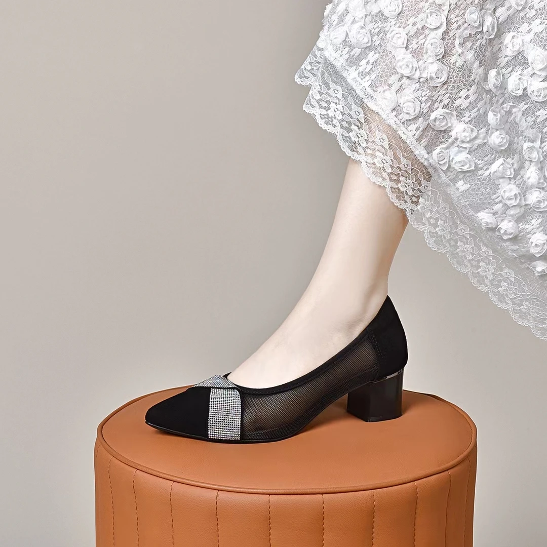 羊皮磨砂面网纱浅口单鞋女2024年夏季新款气质时尚黑色软底高跟鞋