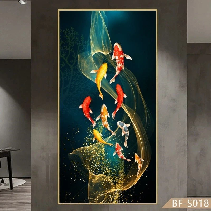 九鱼图贴画背景墙贴画壁画入户玄关画走廊竖版过道自粘装饰画贴纸