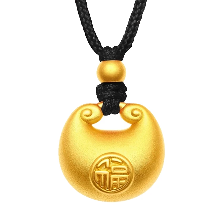 明牌珠宝足金999挂坠小胖福手工时尚足金锁吊坠   空心编绳小金锁