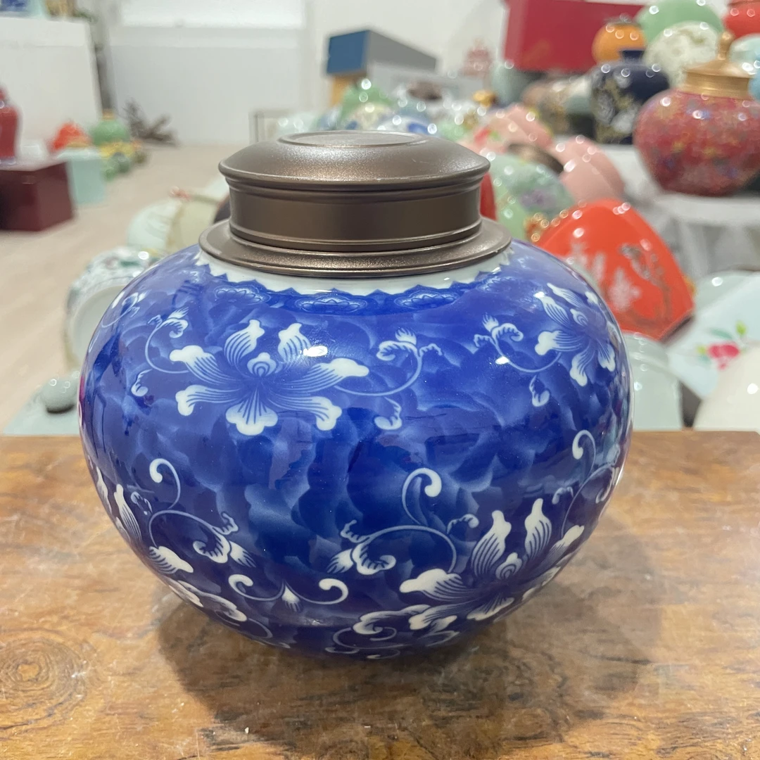 青花冰种元青花缠枝莲牡丹茶叶罐储物罐密封罐a36