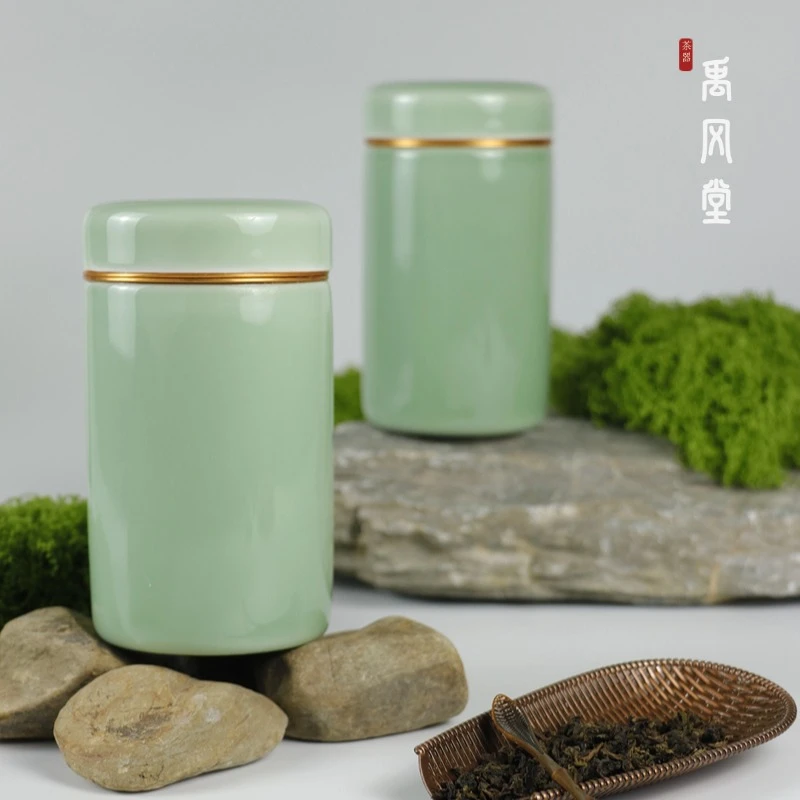 禹风堂-龙泉青瓷直筒茶叶罐储物罐单个四两螺口合金全陶瓷油润a14