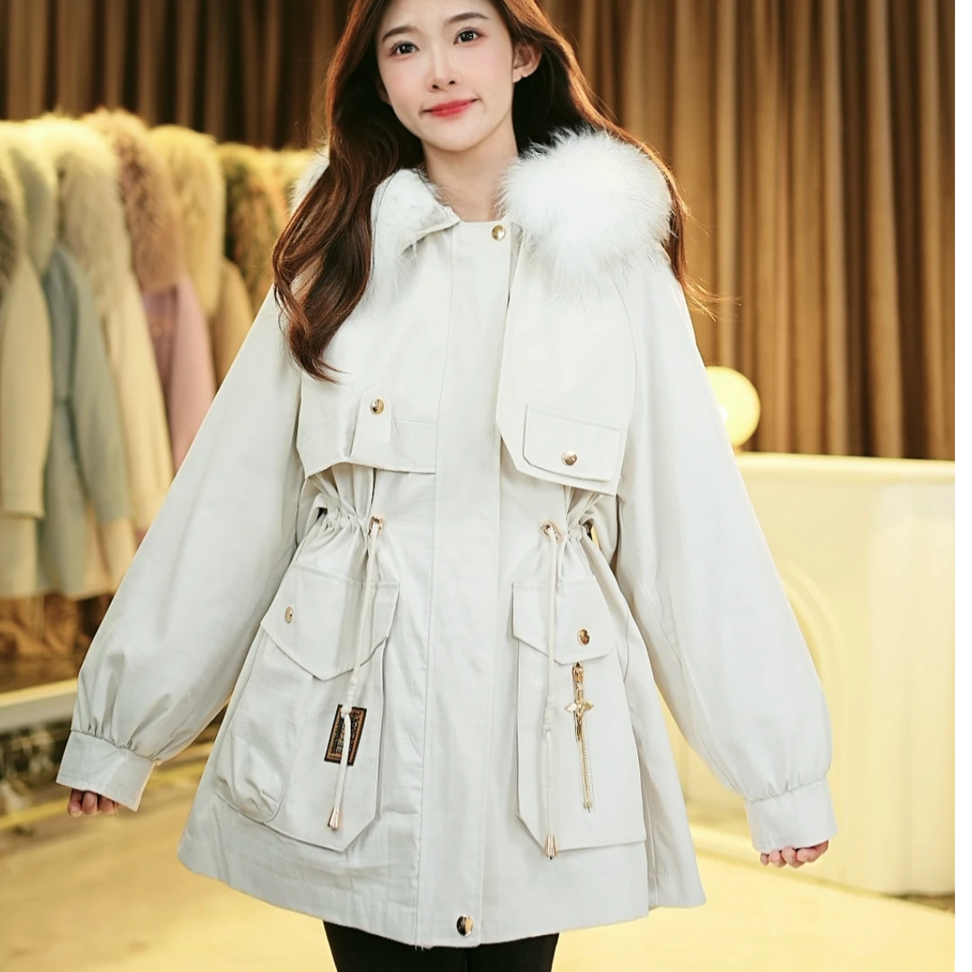 2024冬季爆款女时尚休闲潮流百搭真毛派克服连帽收腰保暖女款