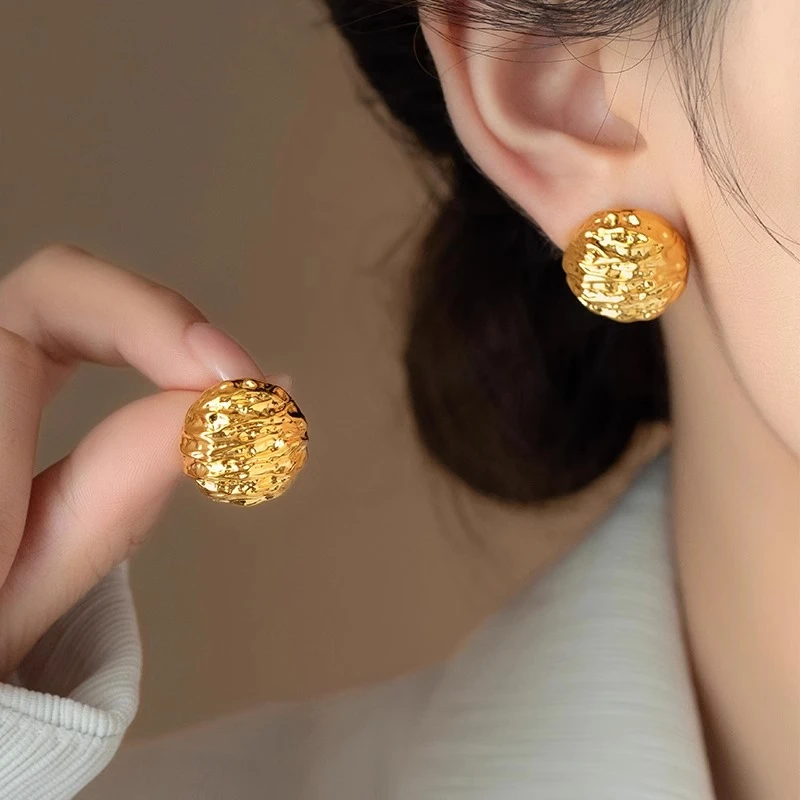 铜合金耳饰 核桃纹路金属耳钉女轻奢小众高级感s925银针耳环耳饰