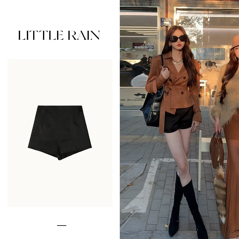 小雨姐姐新款【玄墨短裤】高腰修身显瘦a字缎面短裤百搭时尚