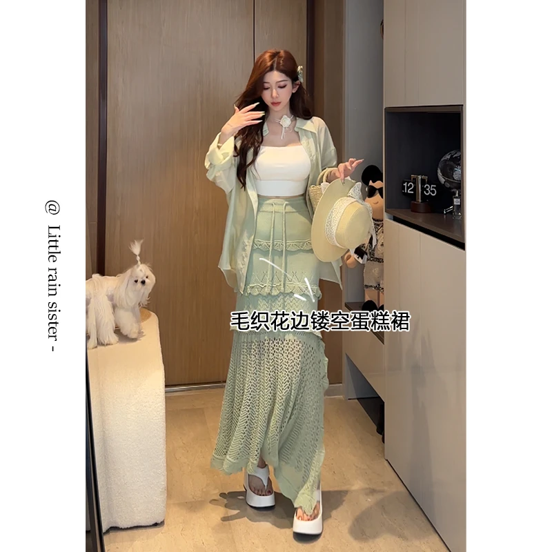 小雨姐姐上新【浮塔半裙】法式复古高腰抽绳镂空花边蛋糕裙半身裙女