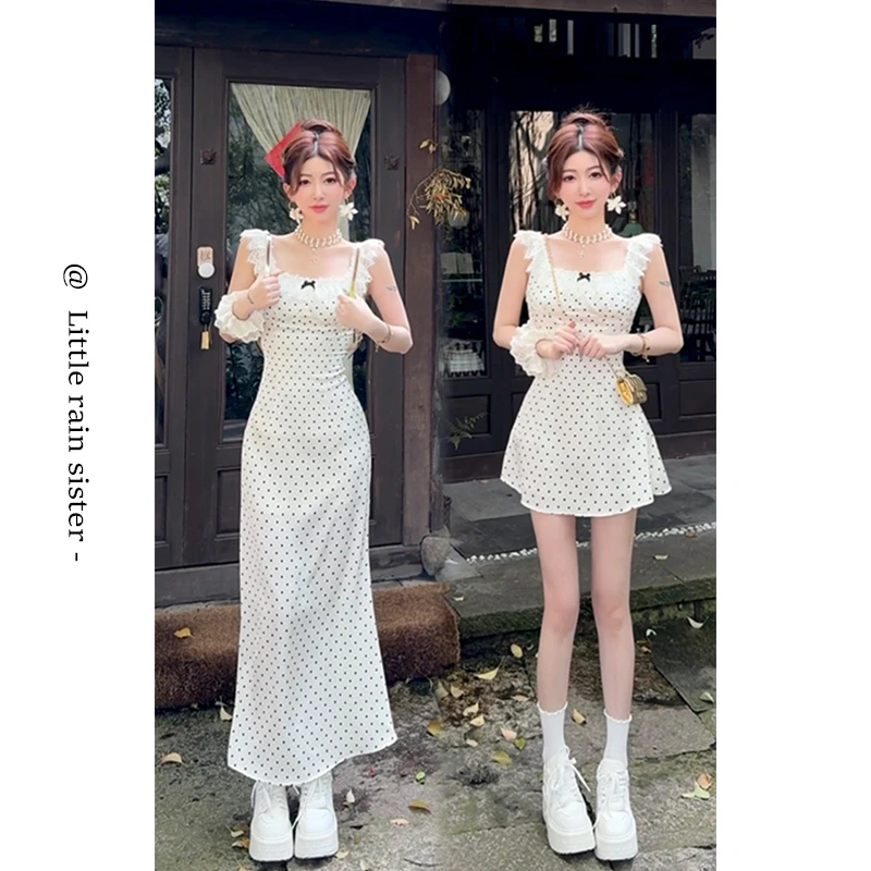 小雨姐姐【波卡连衣裙】法式甜美方领蕾丝花边修身显瘦波点连衣裙女