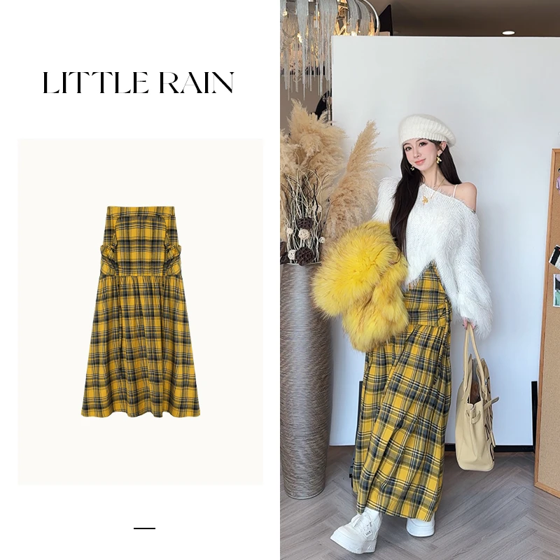 小雨姐姐新款【落日街区】复古高腰系绳拼接抽皱大摆格子半身裙