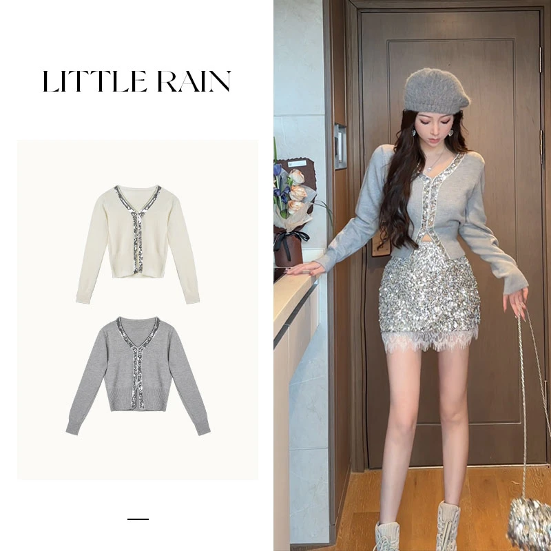 小雨姐姐新款【雾岛开衫】复古重工V领亮片装饰开衫毛衣外套秋款