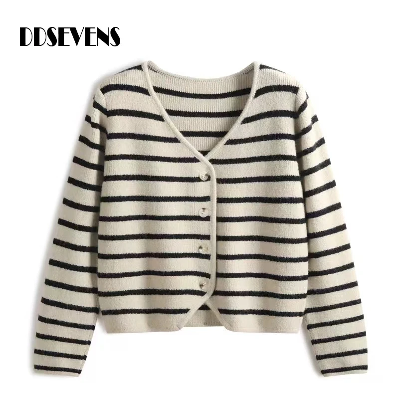 高级条纹针织开衫韩版时尚慵懒显瘦2024新款6006