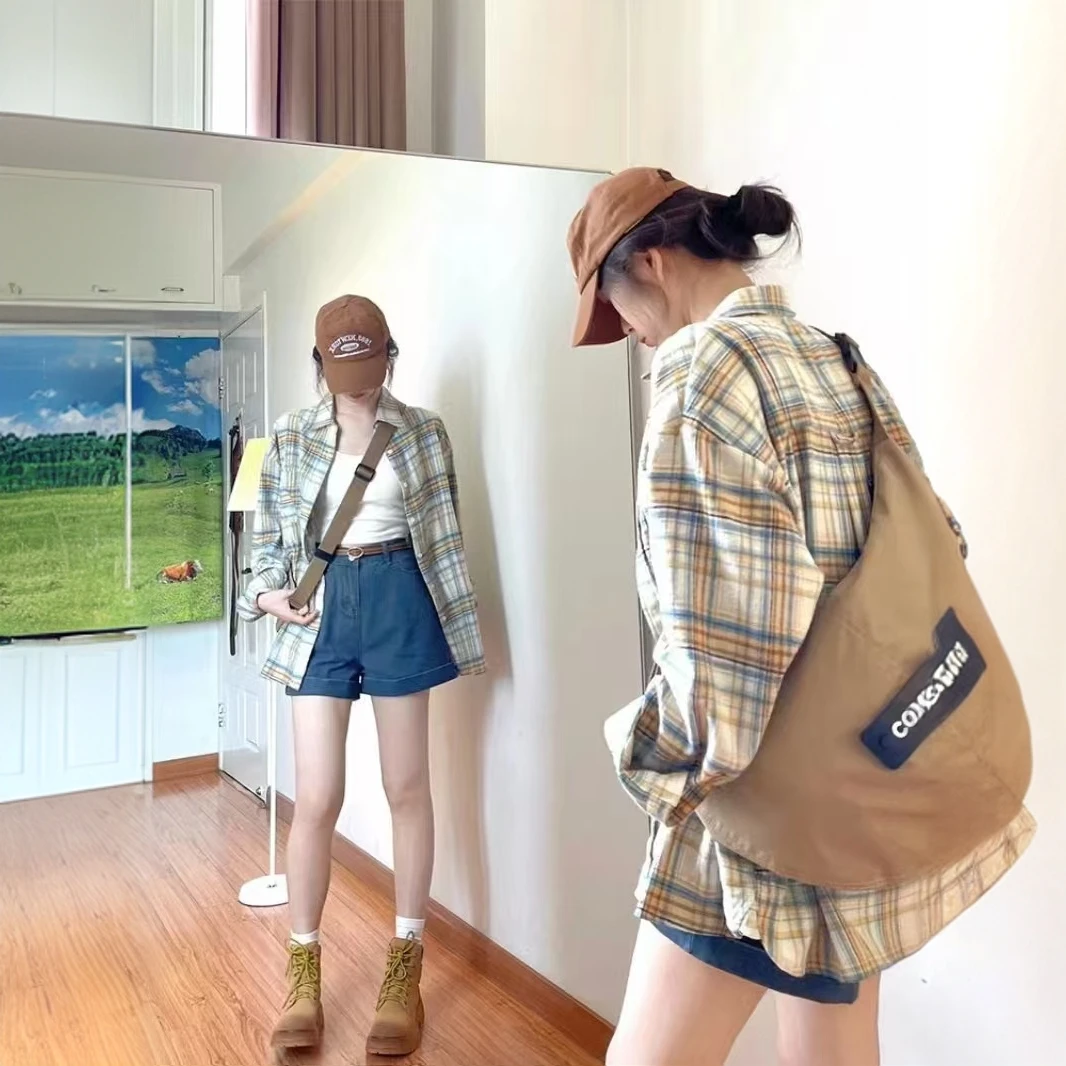 2024复古韩版宽松格子衬衣女岗位新款设计感
