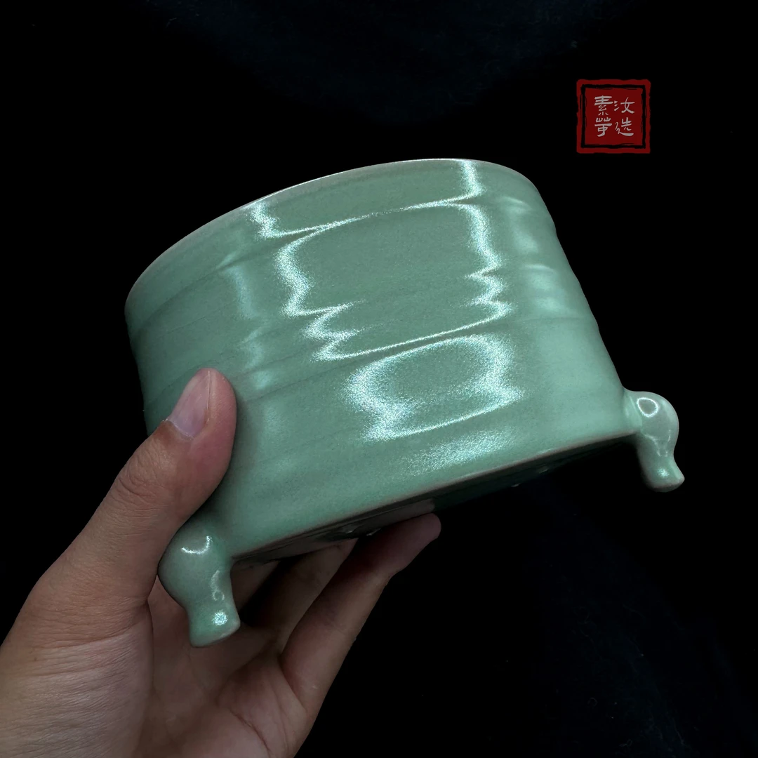 【宋器复烧】纯手作复烧北宋青绿釉三足樽（14cm）