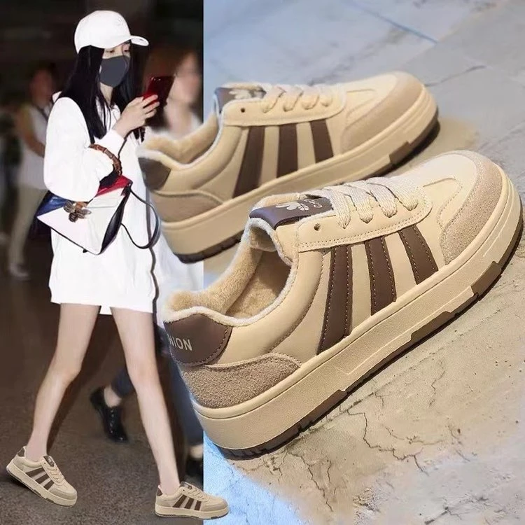 美拉德小白鞋女ins2023新款冬季加绒厚底鞋子女运动鞋休闲德训鞋