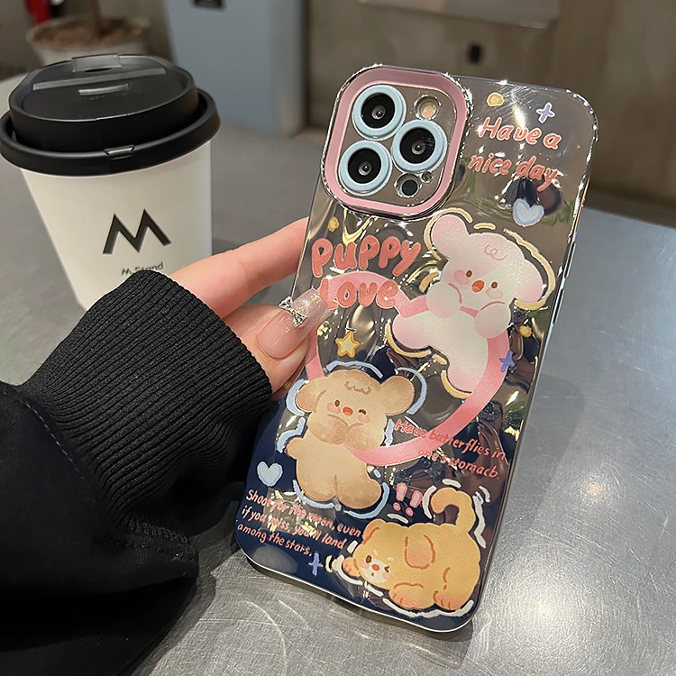 镜面爱心狗狗适用苹果iphone15/14promax新款防摔全包创意手机壳