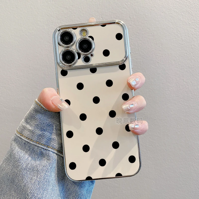 适用苹果iphone15promax白底黑色波点简约防摔小众创意全包手机壳