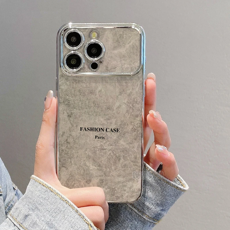适用于苹果iphone15promax灰色大理石英文防摔镜面网红创意手机壳