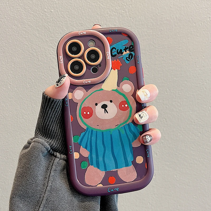 适用苹果15手机壳新款带挂绳手腕iphone16pro绿色创意可爱熊卡通