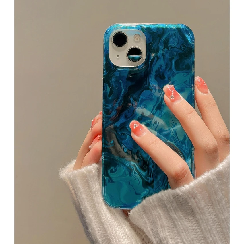 适用iphone15promax手机壳苹果14pro水波纹蓝色晕染硅胶防摔全包