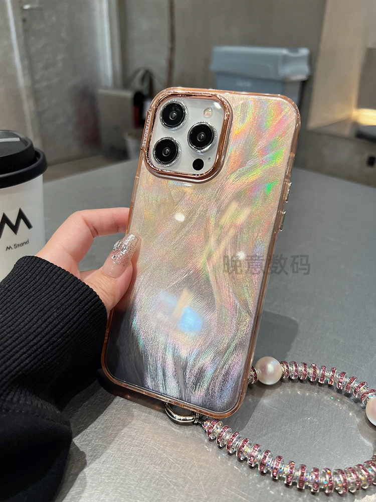 适用苹果iphone15promax渐变羽纱电镀创意全包防摔网红奢华手机壳