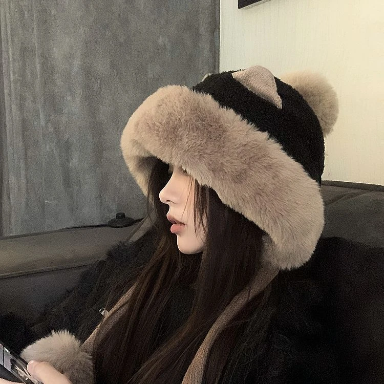 冬季韩版百搭可爱耳朵毛绒帽女款加绒护耳雷锋帽子女保暖包头帽潮
