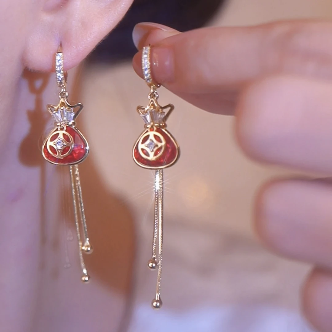 铜合金耳饰 【福气满满】古风红色简约百搭精致长款国风耳环