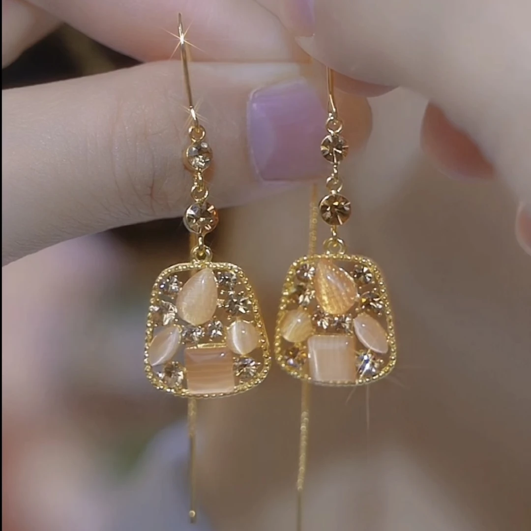 铜合金合成锆石耳饰 【金玉满堂】几何锆石气质优雅金色耳线耳环