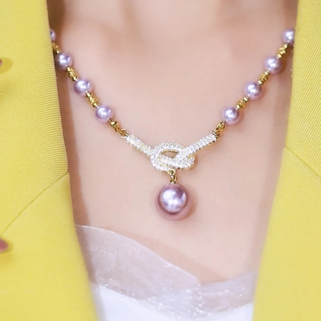 铜合金项链 紫色珠珠同心结颈链时尚气质百搭锁骨链项链