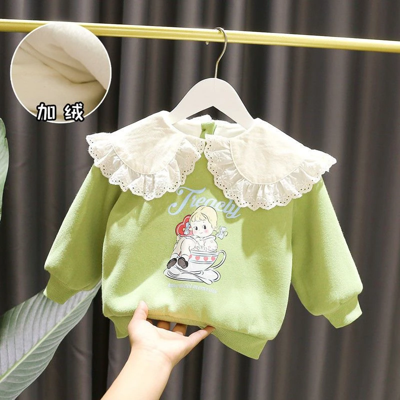儿童加绒卫衣女童超洋气娃娃领上衣小女孩秋冬卫衣小童韩版打底衫