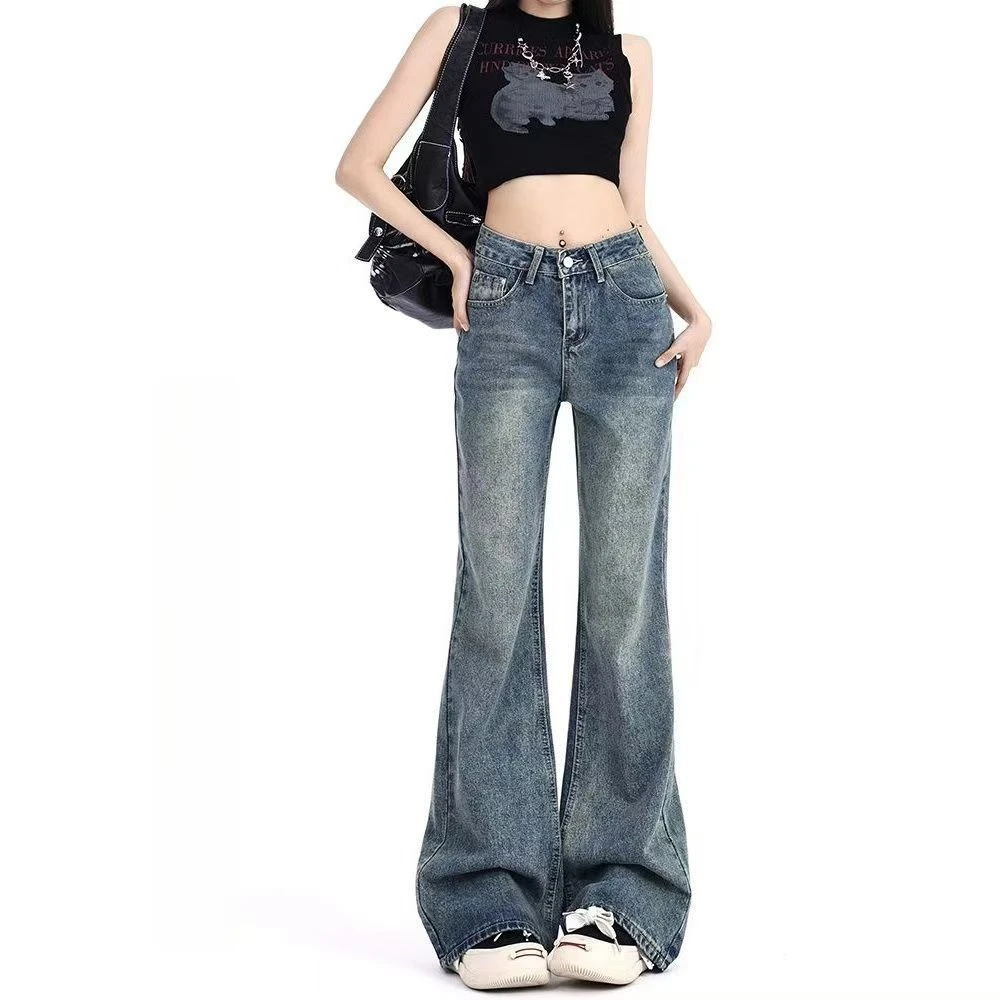 不贴腿无弹宽松牛仔裤女春秋新款高腰显瘦喇叭裤复古拖地设计感裤
