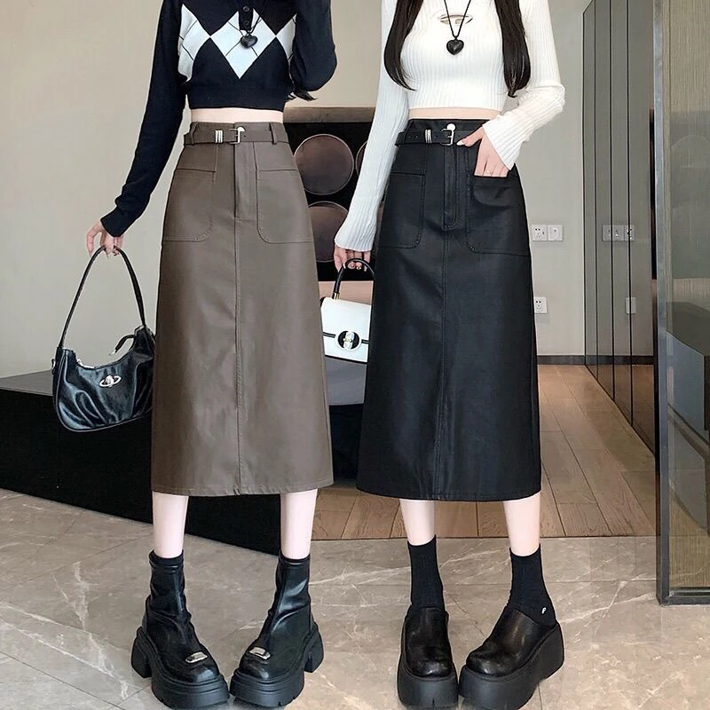 开叉气质PU皮裙2024秋冬大码新款显瘦中长款时尚a字半身裙一步裙