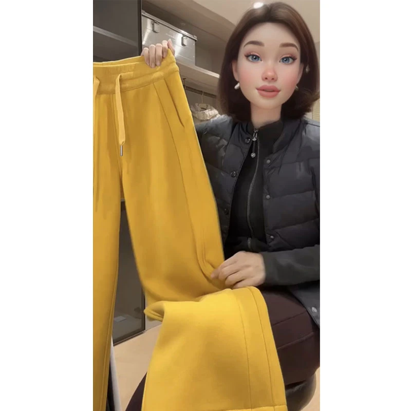 2025春秋炸街时尚爆款高端欧货洋气高腰显瘦宽松直筒黄色休闲裤女