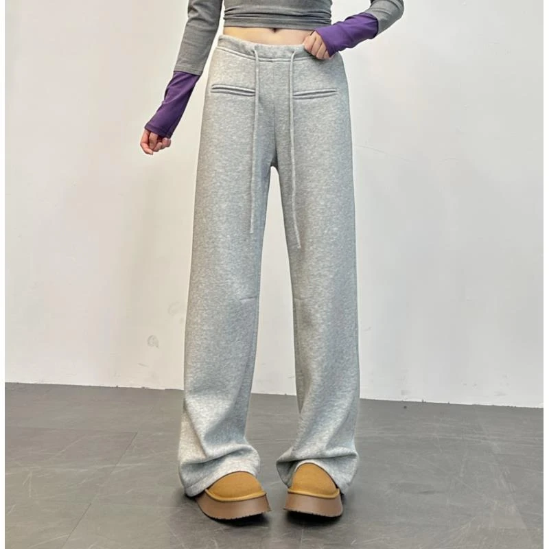 辣妹松紧显瘦加绒保暖休闲裤女冬季灰色拖地裤垂感长裤黑色直筒裤