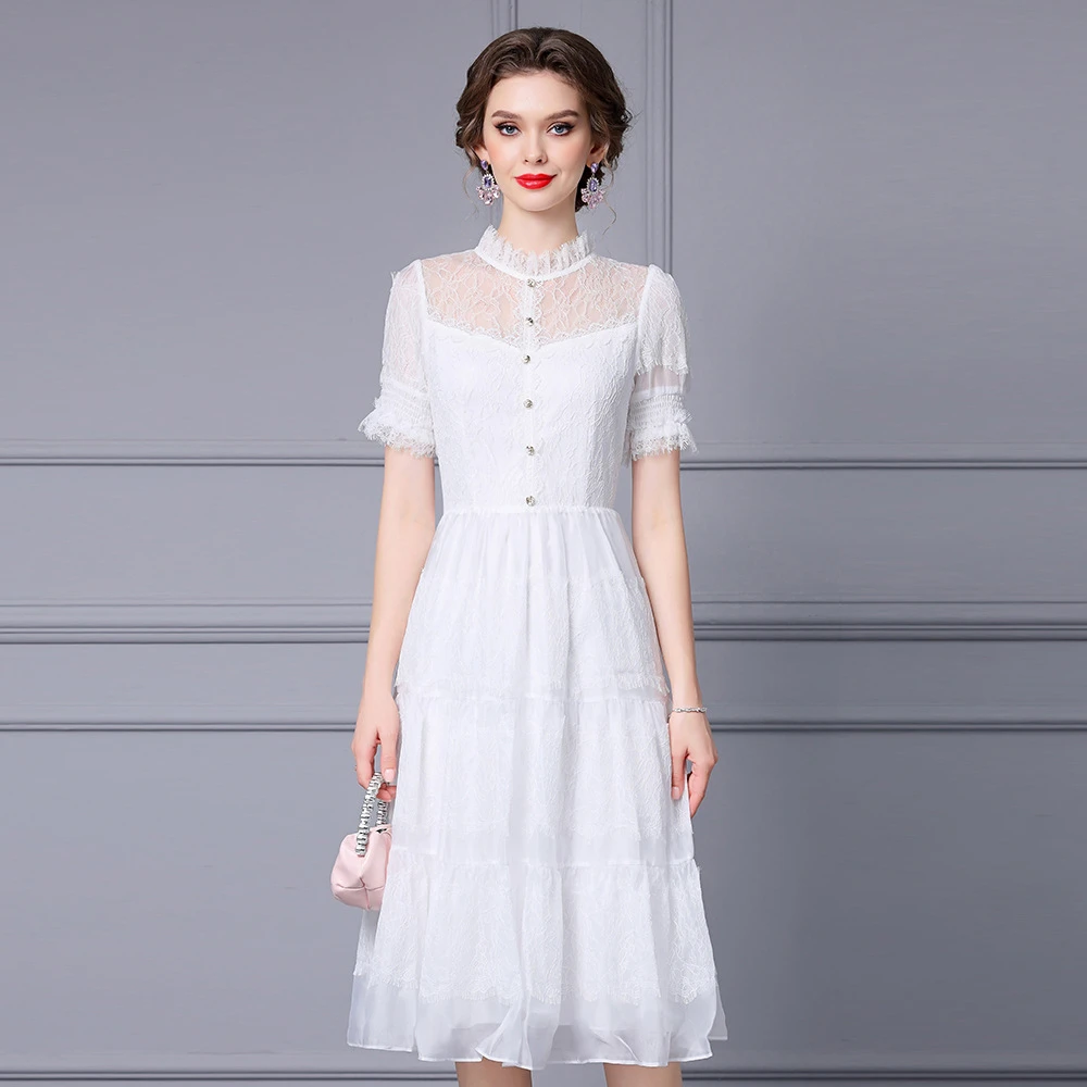 枝荔法式名媛公主风连衣裙蕾丝拼接立领白色高腰大摆裙中长款夏季