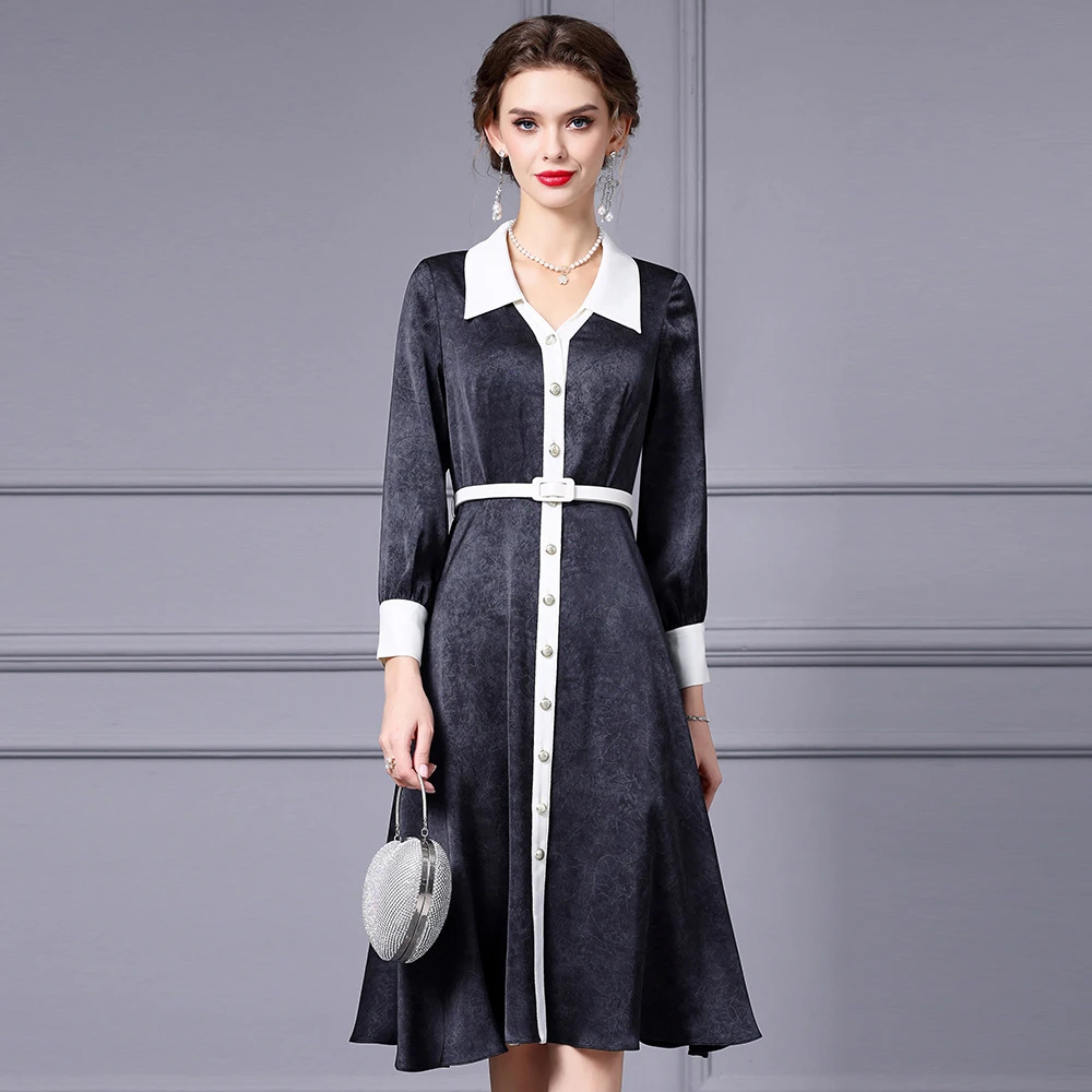 枝荔秋款连衣裙女长袖高档梨型身材显瘦遮肚子A字裙子2025年新款