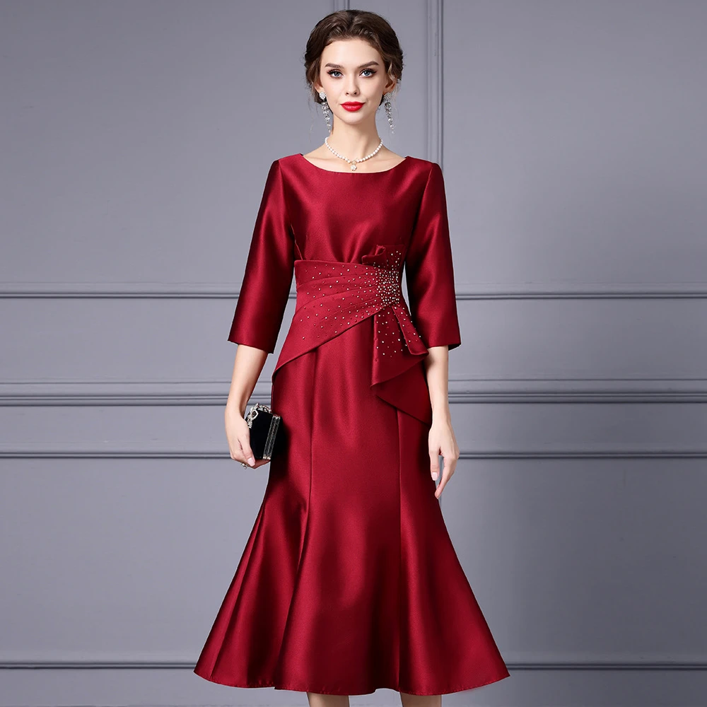 枝荔酒红色连衣裙轻奢高级感宴会喜婆婆长款鱼尾裙子2025秋装新款