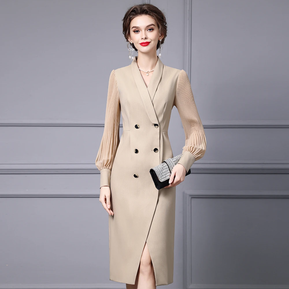 枝荔女式秋季新款连衣裙通勤气质西装领压褶长袖收腰显瘦打底裙子