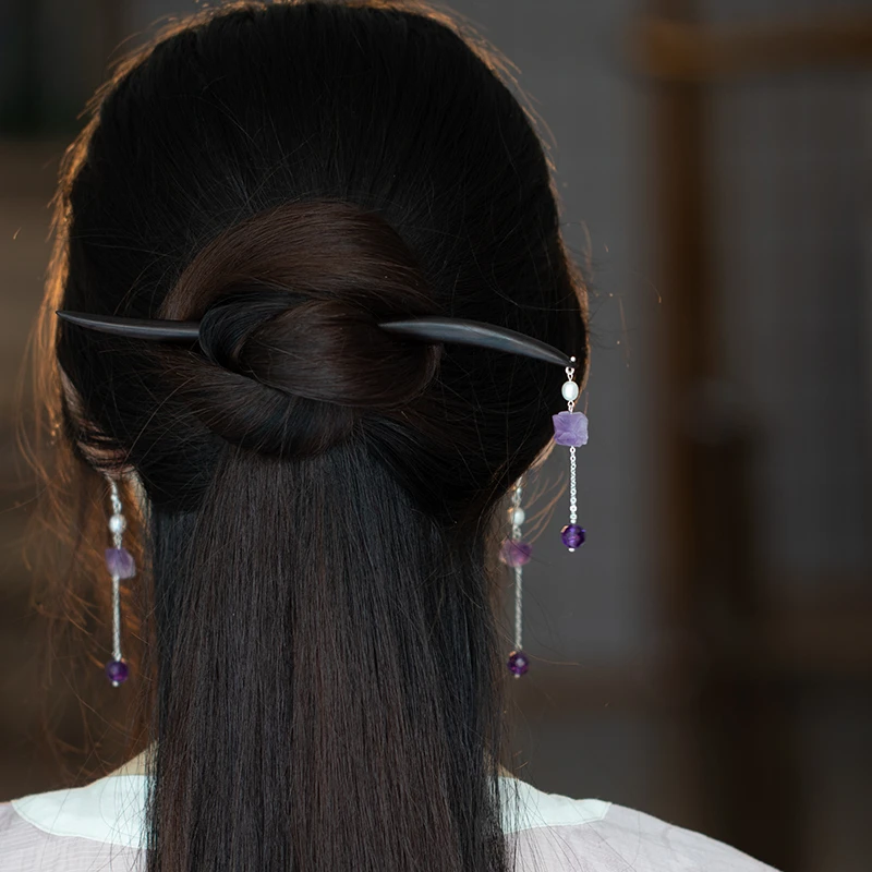 原创设计手工紫水晶檀木发簪古典风中式盘发簪子