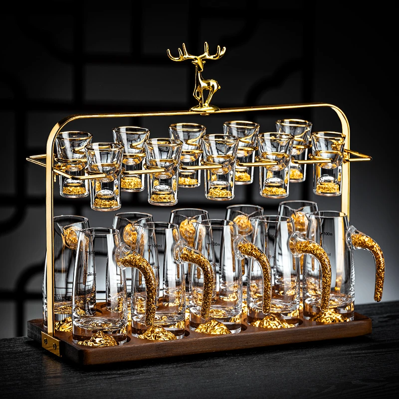 轻奢高档白酒杯套装家用分酒器酒具水晶玻璃一口杯小酒杯架子商用