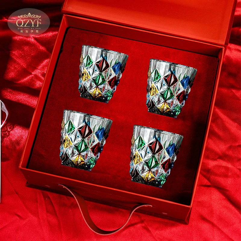 创意欧式冰河洋酒杯啤酒杯家用手绘彩色水晶威士忌杯礼盒装对杯