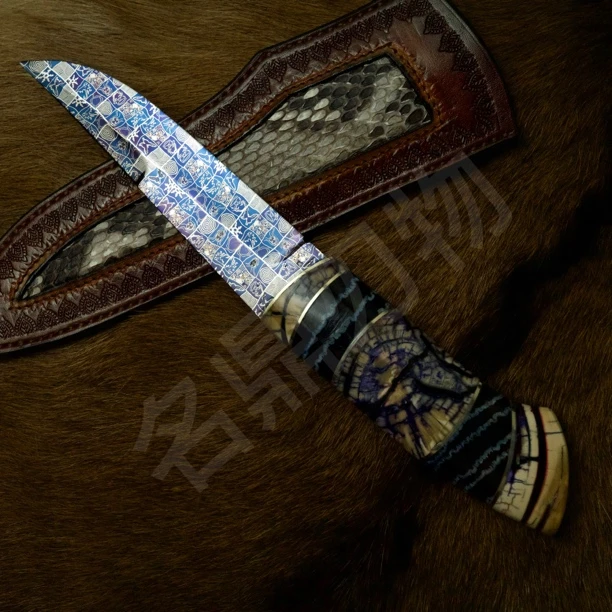 全国包邮手工锻造马赛克人脸纹北欧小直刀户外收藏刀拼接精美花纹